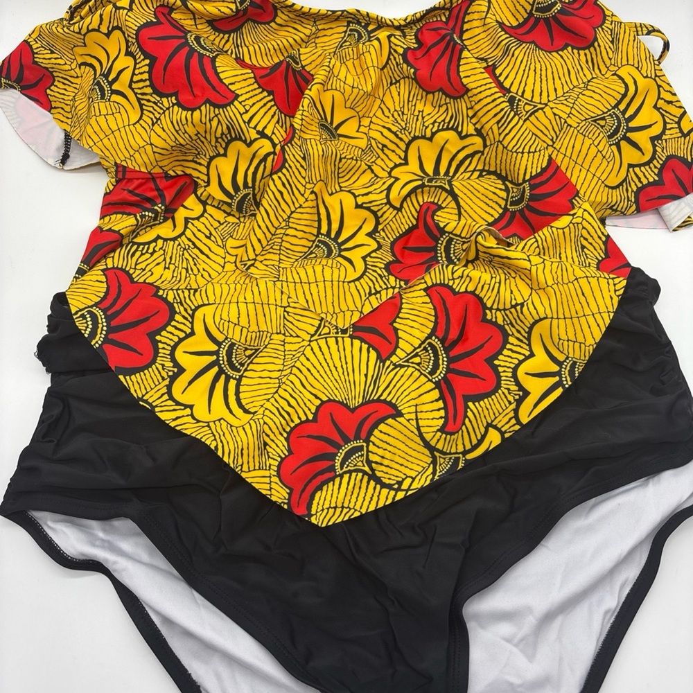 Women's Two Piece Tankini  Yellow Red Floral Top Black Bottom Size XL